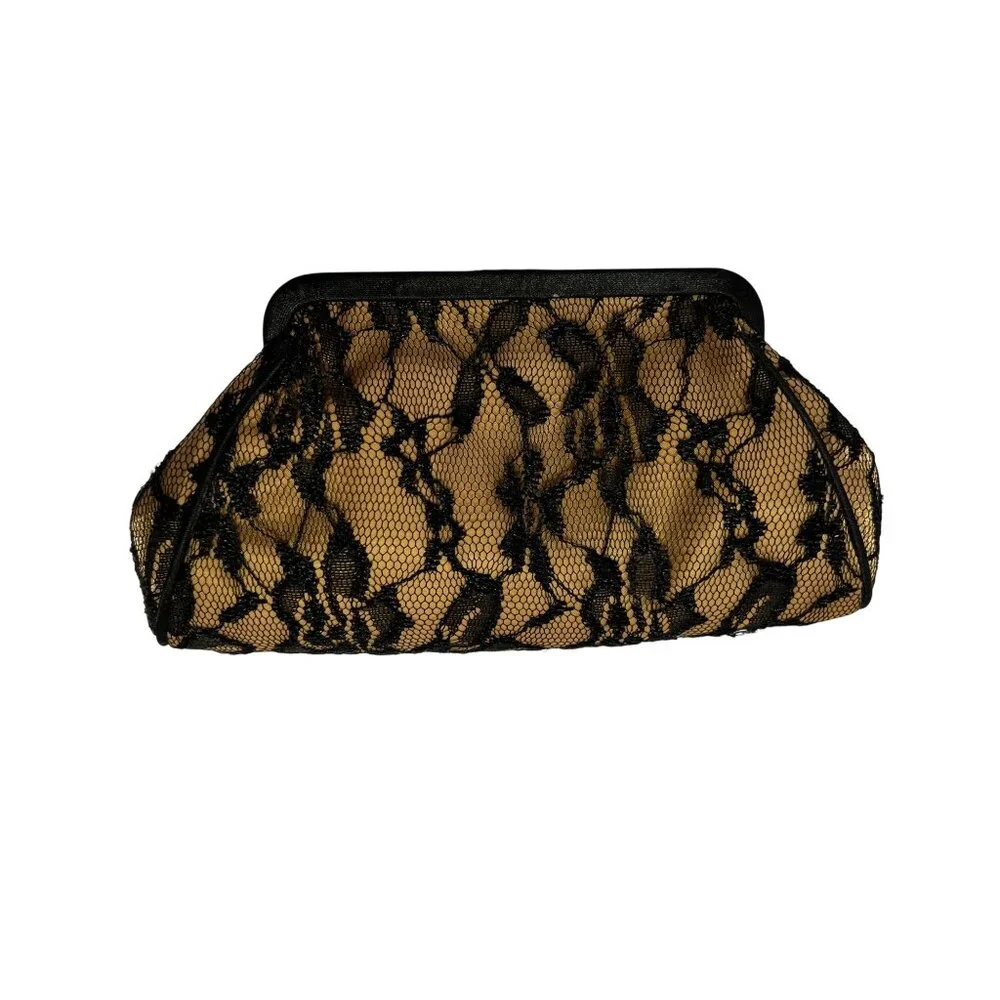 VTG Black Lace Overlay Gold Evening Clutch Handbag Elegant Metallic Kiss Clasp - Picture 4 of 16